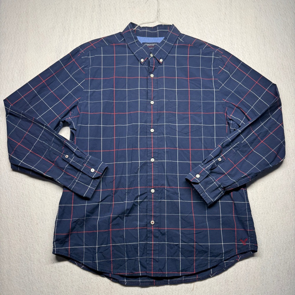 American Eagle Mens XL Navy Blue Windowpane Plaid Long Sleeve Button Down Shirt